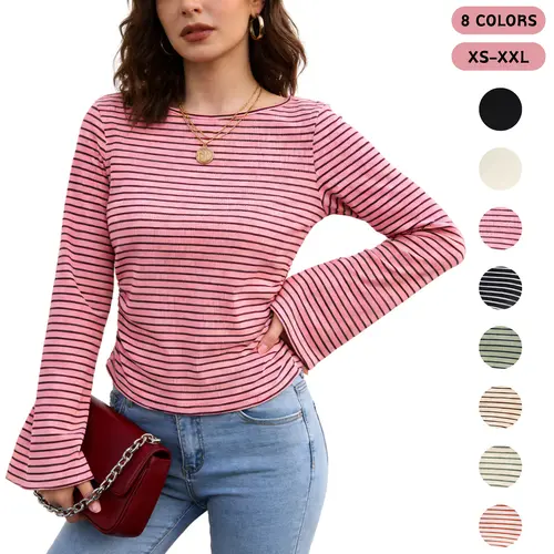 SCUSTY Women's Striped Long Sleeve Crop Top, 2026 Autumn Y2K Going Out Shirt, Boat Neck Bell Sleeve Ruched Ribbed Stripe Blouse, 95% Cotton 5% Spandex High Stretch Casual Clothes SohoChic