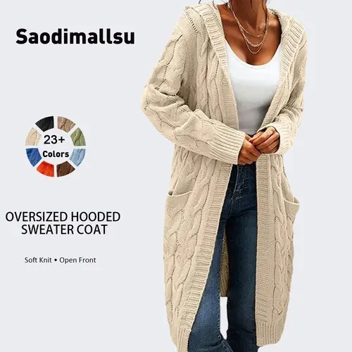 Saodimallsu Women's Fashion Basic Long Sleeve Knitwear, Open Front Hooded Cable Knit Solid Color Lightweight Cardigan Clothes,sohochic