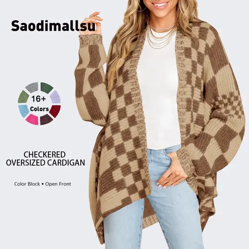 Saodimallsu Women's Loose Fitting Long Length Plaid Snap Cardigan - Oversized Open-Front Color-Block Long Sleeve Knit Sweater Coat for Casual Wear, Women's Tops, Knitwear,sohochic