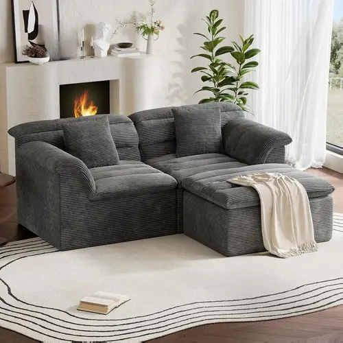 COPIAE 81-88" Boneless L-Shape Sectional Couch with Ottoman, Corduroy Fabric Sofa with 27" Deep Seat & Curved Arms, Modern Minimalist Sofa with Dual-Layer Upholstered Cushions, No-Assembly Required for Living Room,sohochic