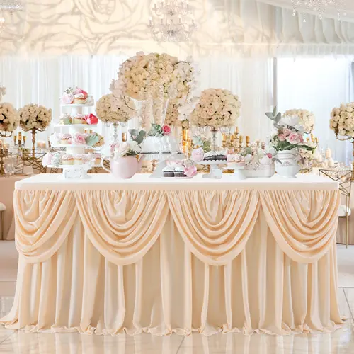 Classic Satin Double Drape Table Skirt - Front-Only Coverage for 6/9FT Rectangle & Round Tables, Adhesive Pleated Wedding Centerpiece & Party Decoration Supplies for Event Decor,sohochic