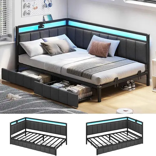 Sikaic Corner Bed Frame with Storage Drawers, Daybed with Linen Fabric Upholstered Fence, Bed Unit with LED Light and Charging Station, Modern Bed Frame, Home Furniture Christmas Gifts [SohoChic]