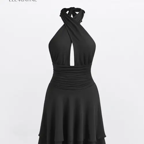 EL ELENGATINE Women's Cross Halter Plunging V-Neck Sleeveless Ruched Bodycon Mini Dress with Side Slit - Elegant Evening, Going Out, Club Outfit, Women's Clothing, Clothes Products