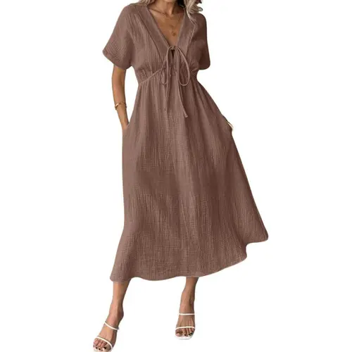 Chouyatou Women's Lightweight Solid Cotton Fabric Dress - V-Neck, Short Sleeve, Adjustable Drawstring, Elegant Bohemian Style, Loose Casual Beach Dress with Pockets, Casual Wear, Shortsleeve, Breathable, Lady, Fashion Apparel, Sun Dress, Beach Outfits