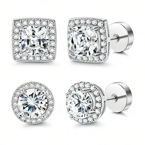 Women's Luxury 4-Pack Zircon Stud Earring Stack - Gold/Silver, Round/Square Stud Earrings, Hypoallergenic, Everyday Wear, Matching Backs, Complimentary Box - Jewelry, Accessories Adults, Premium Gifts for Women,sohochic
