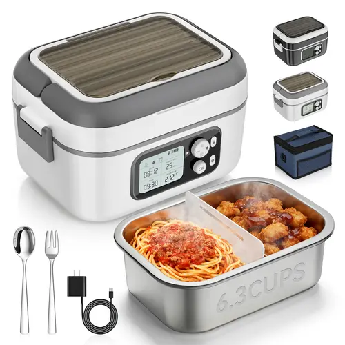 Yofidra Cordless Heated Lunch Box - 24000mAh 100W Electric Leakproof Insulated Lunchbox with Smart Timer, 6.3-Cup Multi-Compartment, Black Stainless Steel Tableware, Portable Food Warmer Bag for Office, Long Road Trip,home essentials,toolupgrade