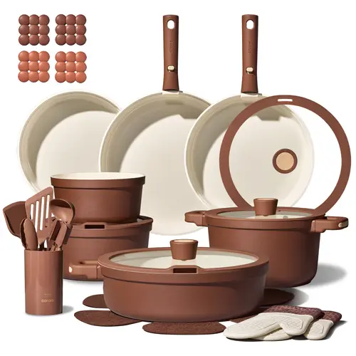 [Official]CAROTE Cookware Set 22/31Pcs Ceramic Nonstick Cookware Set with Detachable Handle, Biscuit Trivets, Non-Toxic Dishwasher Safe, Induction Safe, Frying Pan, Kitchen Cooking Set, Silicone, Kitchen Supplies, Dinnerware Set