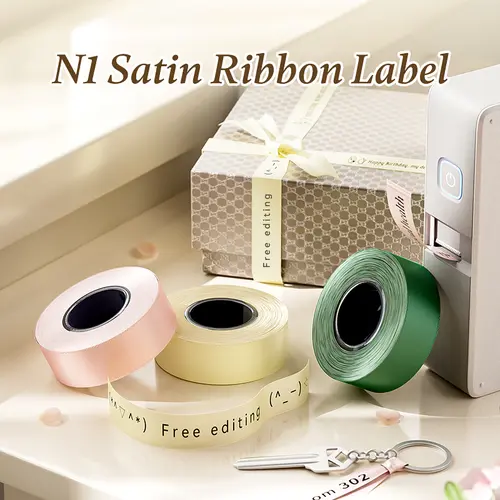 NIIMBOT N1 Satin Ribbon Set - Exclusive for N1 Label Maker, Christmas Crafts, DIY Bows/Bags/Headbands, Satin Gift Tags, Black Print, Luxe Soft Feel, Washable - Beige (14mmx5.1m), Black (14mmx6.2m)