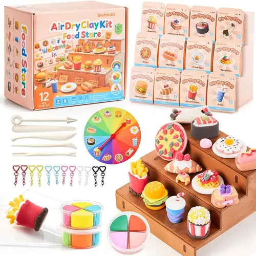 Shuttle Art Air Dry Modeling Clay Kit - Cake/Food/Zoo Series, 30+ PCS with Sculpting Tools & Tutorials, Safe Non-Sticky Educational Craft Gift for 8–10 Years Girls & Boys, Cake Time Ideas Included