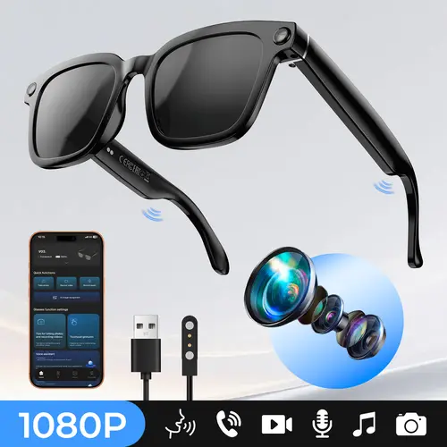 Smart Glasses with Bluetooth, 1080P HD Video Recording, Wireless Audio Sunglasses with Built-in Headphones, Voice Assistant, Multi-Sports Outdoor Gadgets, Compatible with iPhone & Android, Recording Glasses