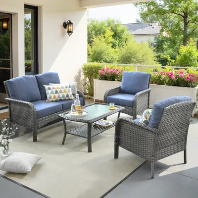HOOOWOOO 4 Pieces Patio Furniture Set, Outdoor Wicker Sofa with Coffee Table, Chairs, All Weather High Back Rattan Loveseat Couch with Comfy Cushions, 【2 Packages Shipping】
