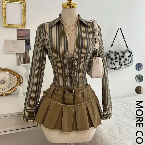 1 Piece  Retro Vintage Striped Waist-Cinched Long Sleeve | Euro-Hong Kong Style | Casual Classy Elegant | Deep V Adjustable Drawstring + Slim-Fit Silhouette | Elegant Casual Pick for Daily Commute / Coffee Dates （only All Seasons Blouse top） Shirts