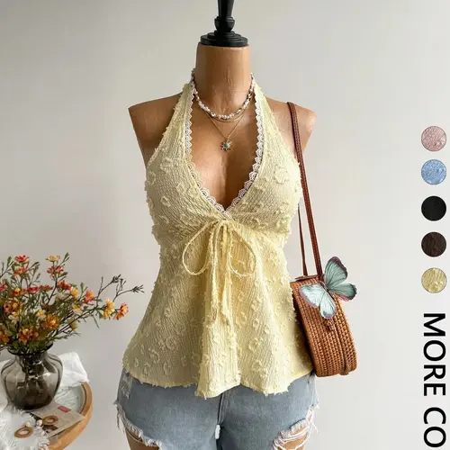1 Piece Bohemian Style Fitted Backless Halter Top, Lightweight, Aesthetic, Elegance, Perfect for Parties, Beach Trips, Music Festivals and Tropical Vacations, Summer Tops Trendy
