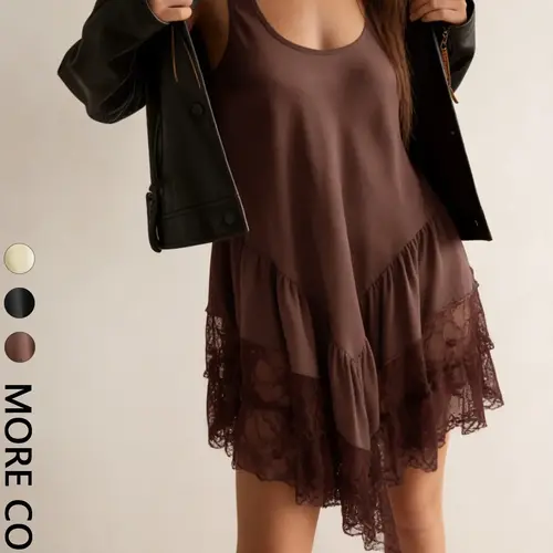 1-Piece Women's Satin Camisole Short Sleeveless Lace Dress, Euro-American Style Mature and Classy Vibe, U-Neck Design with Tiered Skirt, Great for Casual Dates and Café Stops, Elegant Summer Fashion
