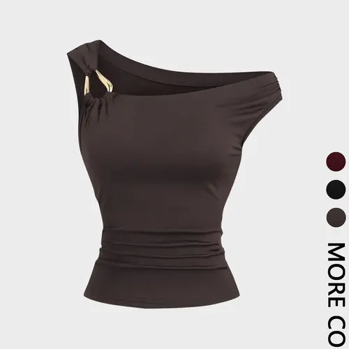 1 Piece Asymmetric Shoulder Ruched Crop Top, Euro-American Y2K Vibe, Cropped Design, Flattering Fit, Eye-Catching Pick for Weekend Shopping, Music Festivals