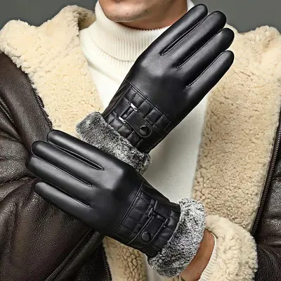 Male PU Faux Leather Plain Touchscreen Winter Gloves - Fleece-Lined, Thick Warm, Pull-On Closure, Non-Textile, Touchscreen-Safe, Outdoor Christmas Gift