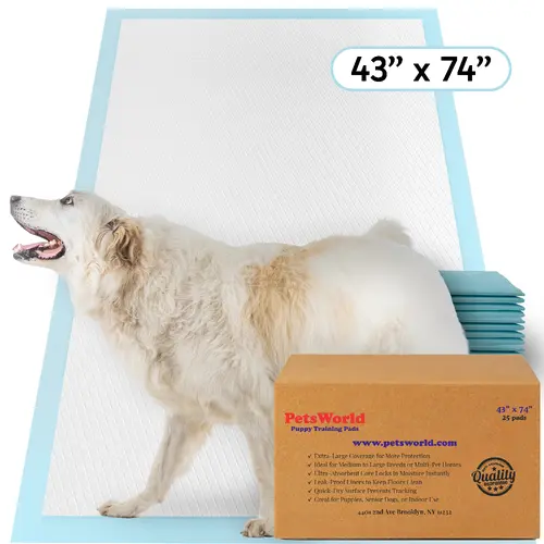 PetsWorld 43x74 Inch Dog Training Pads, 25 Count - Extra Large Puppy Pee Pads for Big Dogs, 5-Layer Super Absorbent Leak-Proof Potty Pads with Odor Control for Crates, Whelping & Incontinence