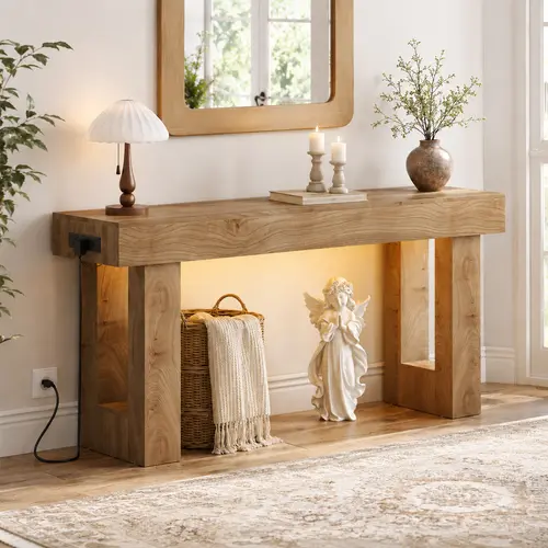Homieasy 63'' Farmhouse Console Table with Power Outlets and Sensor Light, Wooden Entryway Table with Storage, Rectangular Sofa Tables Behind The Couch for Entrance, Hallway, Living Room Entryway Table