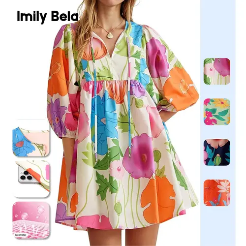 Imily Bela Women's 2026 Summer Floral Babydoll Mini Dress, V-neck Puff Sleeve Dress with Pockets, Classic Comfortable Loose-Fit Boho Beach Sundress