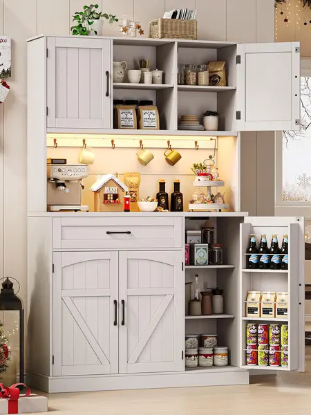 【SohoChic】ONBRILL 71" Pantry Cabinet, Kitchen Pantry Storage Cabinet with LED Light & Outlet, Kitchen Hutch with Microwave Shelf & 6 Hooks, Door Shelves & Drawer & Adjustable Shelves, for Dining Room