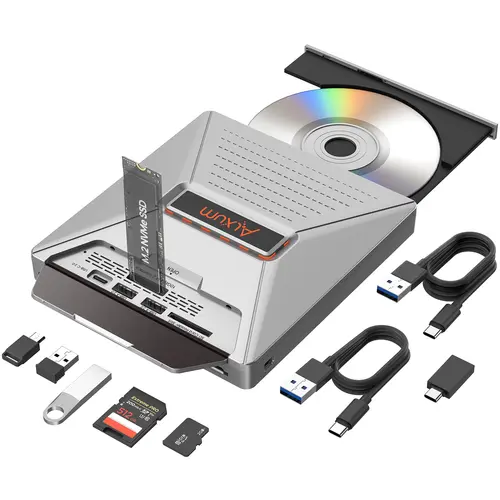 ALXUM External CD DVD Player for Laptop, 7-In-1 Portable CD Player DVD Burner with M.2 NVMe/USB 2.0 Interface and SD/Micro SD Card Slot, Ultra-Slim Disk Drive Optical for Windows/Mac OS/Linux/Vista Data Transfer, Compatible, Audio, Wired