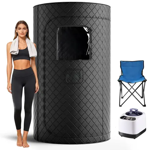 【Personal Home Spa】Syvio Portable Sauna Box for Relaxation, Detoxification, Steam Sauna Tent for Home with 3.0L Steamer, Folding Chair, Remote Control, Doormat, 9 Levels, 3.6' x 3.6' x 5.9', Circular