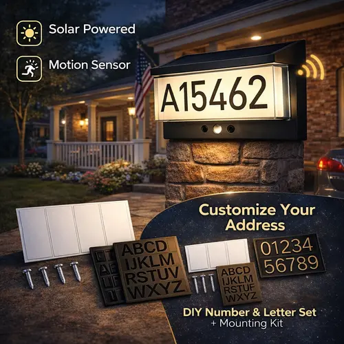 Solar Address Sign, Lighted Address Numbers Outdoor Waterproof, Illuminated LED Address Plaque, House Numbers for Outside, Grey