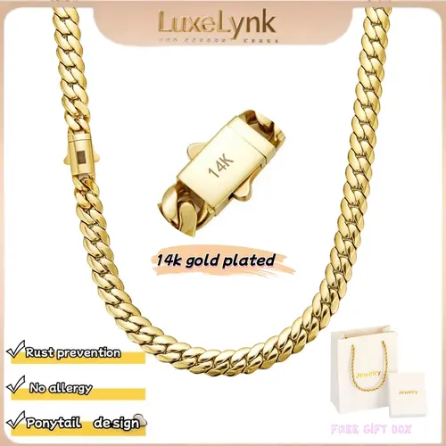 LuxeLynks 14K Gold Plated Cuban Link 8MM Necklace or Bracelet |  Features the latest electroplating technology for effective rust prevention | Miami hip-hop style fashion item | Width: 8mm, Length: 16 inches to 30 inches | Couple's item |