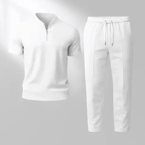Men’s Print Zip Henley Collar Short Sleeve and Long Pants Two Piece Set Made with Waffle Knit Fabric Breathable Soft Texture Loose Fit for Casual Everyday Wear