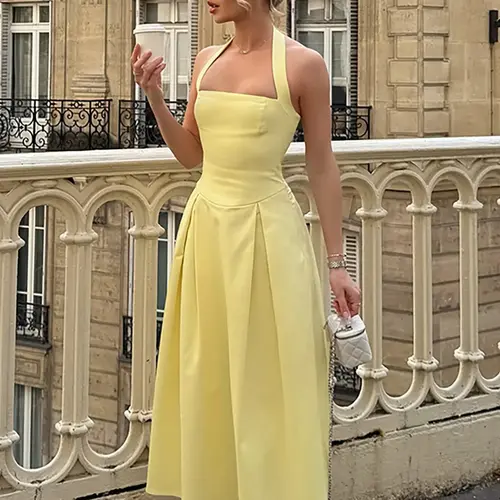 Women's Chic Elegant Solid Color Backless Sleeveless A-Line Pleated Halter Neck Slim Fit Midi Dress for Party, Holiday, Daily & Formal Wear, Summer Dress for Wedding Guest