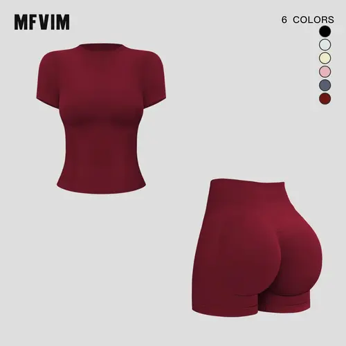 MFVIM Women's Solid Color Round Neck Sports T-Shirt & High Waist Shorts Tracksuit Set Long Sleeve Tight Fitting Top & Skinny Shorts Summer Outfit 2025 Ladies Sportswear for Indoor and Outdoor Wear, 2 Piece Sets, Workout Sets For Women