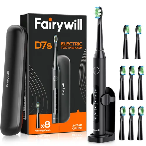 Fairywill D7s Waterproof Electric Toothbrush Kit for Adults - 6 or 8 Dupont Brush Heads, Travel Covers, and Toothbrush Holder for Gum Health