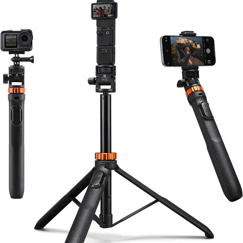 K&F CONCEPT Adjustable Silicone-Rubber Cellphone Holder, 69" Extendable Bluetooth Selfie Stick Tripod Light Stand with 1/4" Screw, Button Remote, Compact Storage, Compatible with DJI OSMO 360 Pocket 3/XTRA, iPhone 17, Action Cameras, Projectors