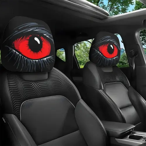 GM-Compatible 2-Pcs Red Devil's Eye Car Seat Headrest Covers - Red & Black Gothic Design, Washable Cotton Vehicle Accessories, Auto Accessories for Car fathersdaygift Car Decor