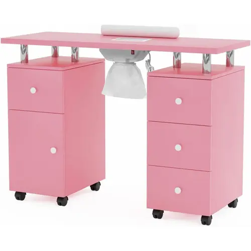 OmySalon Portable Manicure Table - Acetone-Safe Top Manicure Salon Set for Nail Techs, Salon Home Station with Electric Dust Collector, Detachable Dust Bag, 4 Drawers, Cabinet, Wrist Cushion, Lockable Wheels sohochic