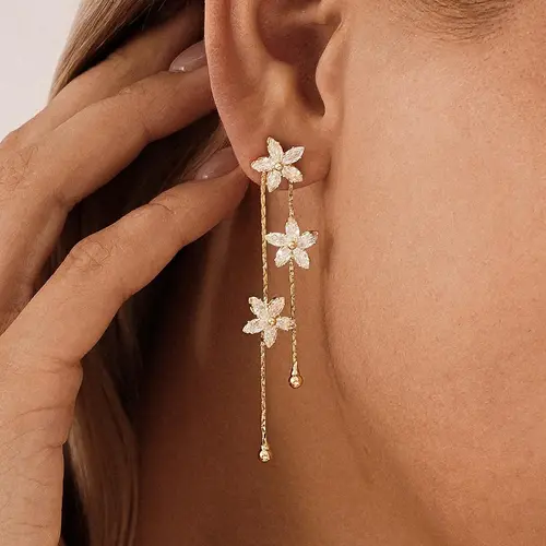 Women's Handcrafted Flower Drop Dangle Earrings - Minimalist Gold Crystal Jewelry, Bridal Drop Gold Earrings for Wedding Party Gift Keepsake