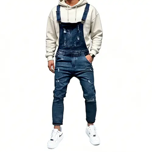 Men's Denim Bib Overalls - Classic Slim Fit Adjustable Suspender Jumpsuit with Multi-Pockets, Distressed Style, Casual Edge, Durable for Daily Wear, Slim Fit Creates Clean Modern Line, Stands Up to Busy Days, Distressed Denim Style, Slim Fit Creates A Cle