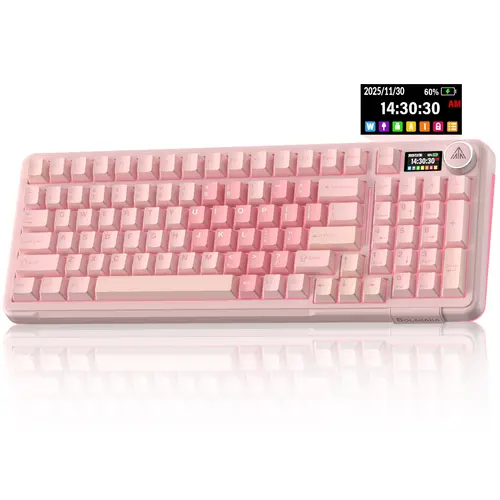 Solakaka A99 Pro 99% Wireless Mechanical Keyboard - Creamy, Illuminated, Pro Gaming, Hot-Swappable, LCD Screen, Control Knob, Tri-Mode Bluetooth/2.4G/USB-C, RGB Backlit, Pink Bluetooth Keyboard, Creamy Keyboard