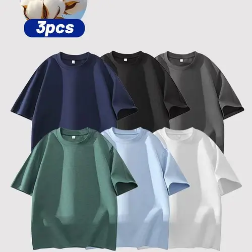 Men's 3PCS Cotton Shortleeve Round Neck T-Shirts Set - Soft Loose Fit Navy, Gray, Black Menswear Clothing for Casual Daily Wear Crewneck Streetwear