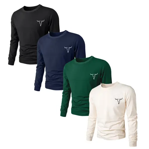 Men's 3-Piece Casual Solid Long-Sleeve Round Neck Tshirt Set - Mens Clothing Sporty Chic Graphic Top with Signature Bull Head Design, All-Day Softness, Father's Day Gifts for Him,sohochic