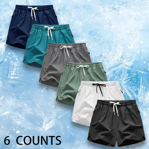 Men's 6-Count Sporty Chic Fitted Cut Above-the-Knee Shorts - Beige Plain, Elastic Waistband, Drawstring, Zipper Pocket, Breathable 95% Polyester 5% Spandex, for Running, Fitness