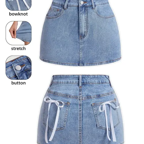 Women's A-Line Light Wash Denim Mini Skirt, Pockets & Bow Tie Design, Slim Fit Elastic Fabric, Perfect for Party & Casual, Fitted Design Skirt