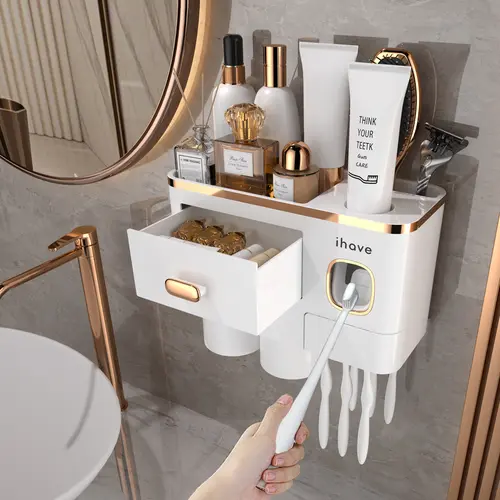 Ihave 2/4 Bathroom Toothbrush Holder, Toothbrush Holders Wall Mounted 2/3/4 Cup Toothbrush Rack with Toothpaste Dispenser, Large Capacity Tray, Cosmetic Drawer, Toothbrush Storage, Toothbrush Organizer, Bathroom Accessory, Home Goods