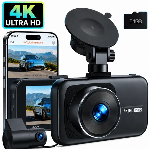 LAMTTO 4K WiFi Dual Channel Front+Rear Evidence Dash Cam with 5G WiFi App Control, Night Vision, G-Sensor, Loop Recording, 24/7 Park Recording, Smart Driving Tech, Free 64GB Card - Cars Accessories Summer Essential Tool Upgrade,toolupgrade