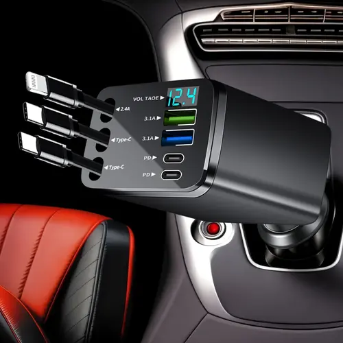 7-in-1 Retractable Portable Fast Charging Automotive Charger - 70cm Lightning/Dual USB-C Cables, 4 PD/USB Ports, Smart Chip Protection, LED 10-14.9V Voltage Monitor, Universal Plug Simplifies Cabin Setup for Road Trips,toolupgrade