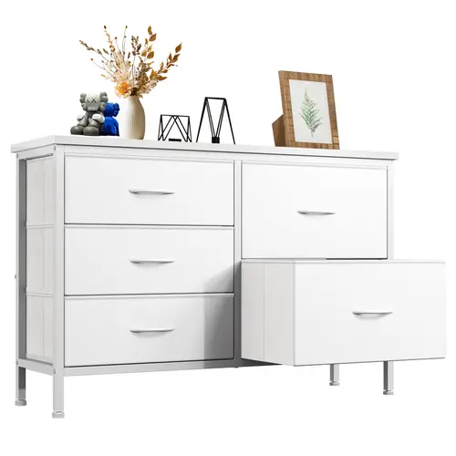 Modern 5-Drawer Fabric Chest of Drawers with Metal Frame - Practical Dresser, Clothing Storage Cabinet, Organiser Storage Cabinet, Multi-Purpose Indoor Cupboard for Bedroom, Living Room TV Stand