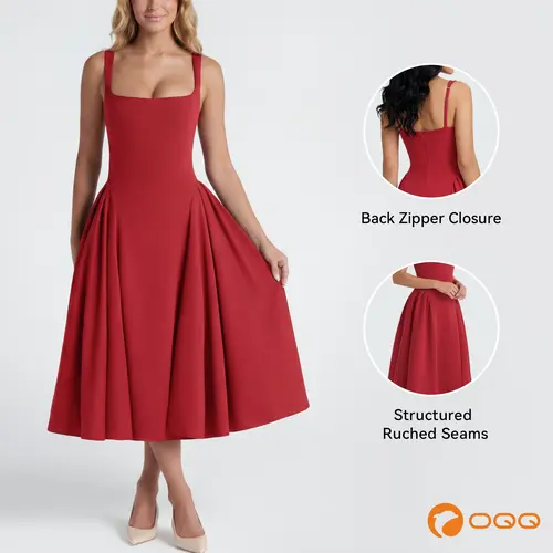 OQQ Women's Sleeveless Elegant Square Neck Swing A Line Wedding Evening Party And Casual Midi Dress