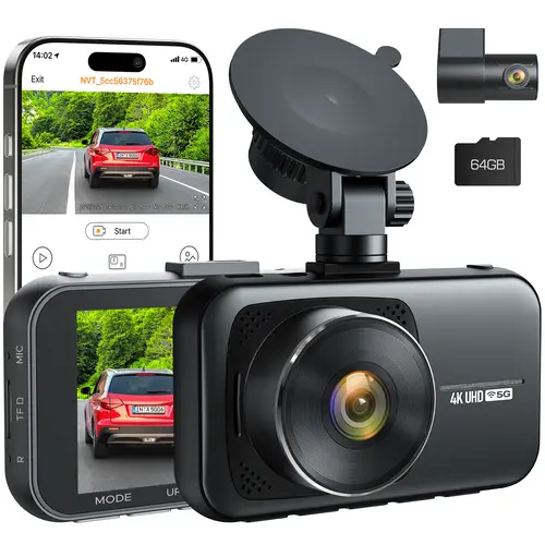 LAMTTO 4K High-Definition Dual-Channel Dash Cam with Free 64GB Memory Card — Night Vision, G-Sensor Emergency Recording, 4K + 1080P Loop Recording, and 24/7 Parking Surveillance with App Video Management & Preview