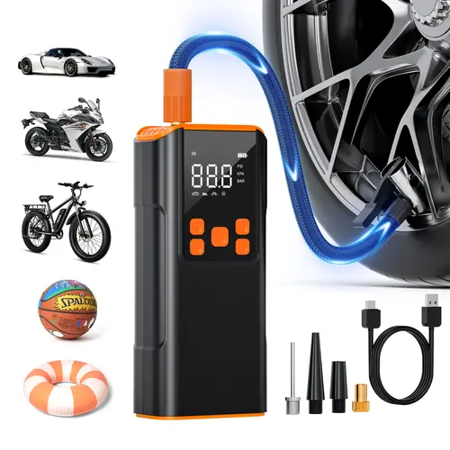 【Povasee】 Tire Inflator Portable Air Compressor 150PSI, Cordless Rechargeable Car Tire Pump with LCD Display and Flashlight, 2X Fast Inflation for Cars Motorcycles Bikes Balls – Auto Shutoff, 4 Nozzles Included