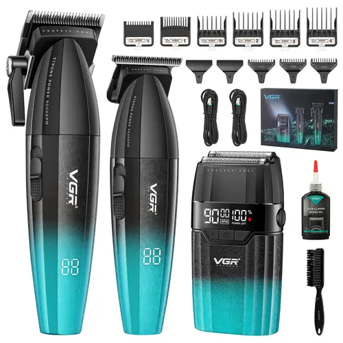 VGR 640S3 Professional 3-in-1 Lightweight Hair Cutting Kit - Adjustable Hair Cutter, Rechargeable Wireless Barber Clippers, Trimmer, Foil Shavers, 88 Precision Guides, Batteries, Charging Cable, Cleansing Feature (Green) for Home Use (9000RPM)